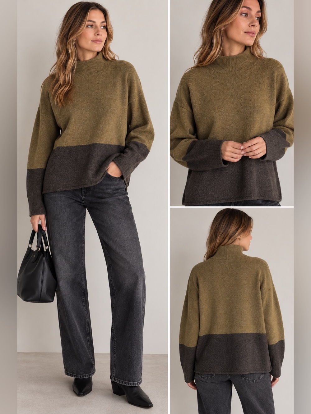 Tahari Colorblock Turtleneck Sweater Olive Green and Brown.Medium like new.